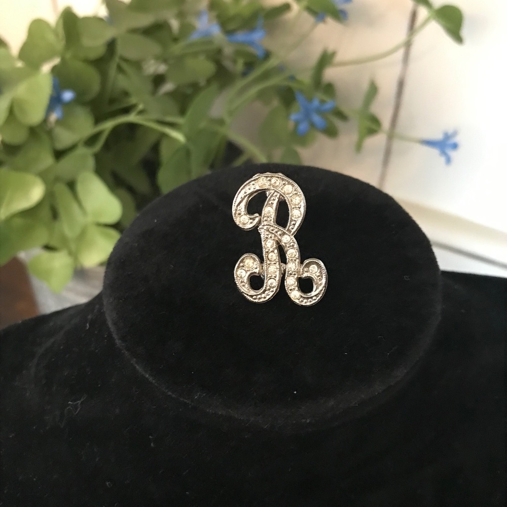 Vintage Silver Tone & Rhinestone Monogram "R"